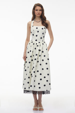 Aurohaya Odelia White Polka Dot Midi Dress with Lace Trim