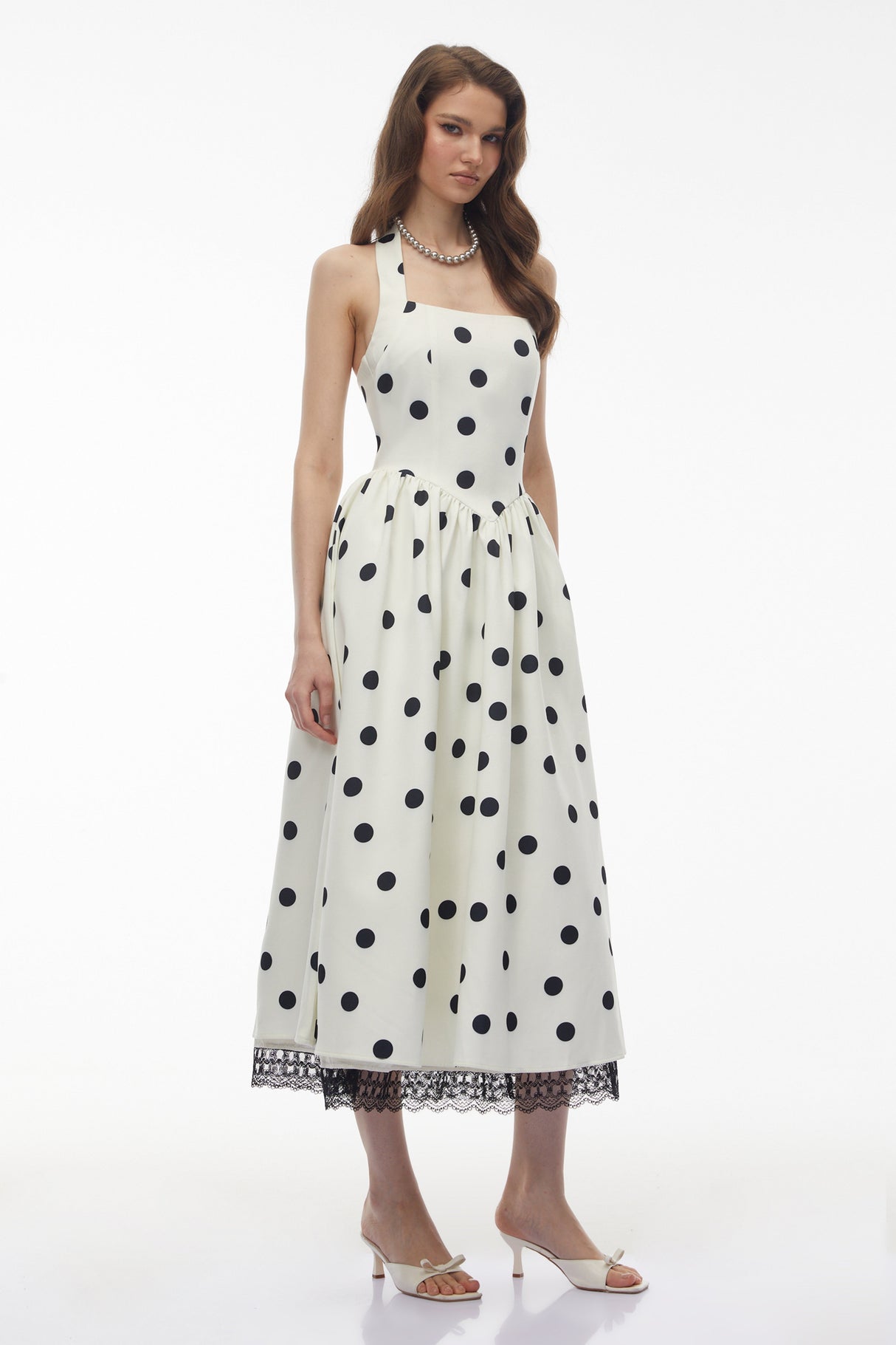 Aurohaya Odelia White Polka Dot Midi Dress with Lace Trim