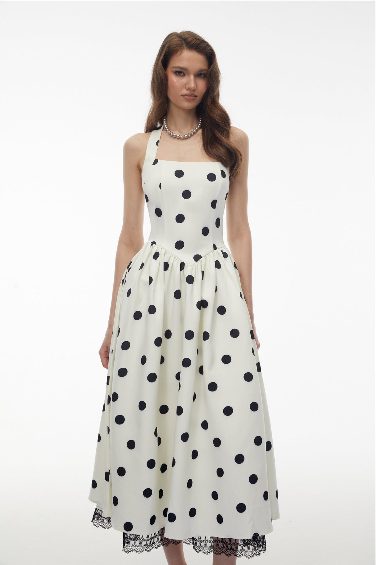 Aurohaya Odelia White Polka Dot Midi Dress with Lace Trim
