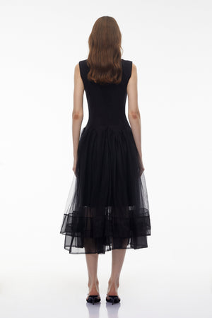 Aurohaya Ofra Black Pearl Pleated Midi Dress
