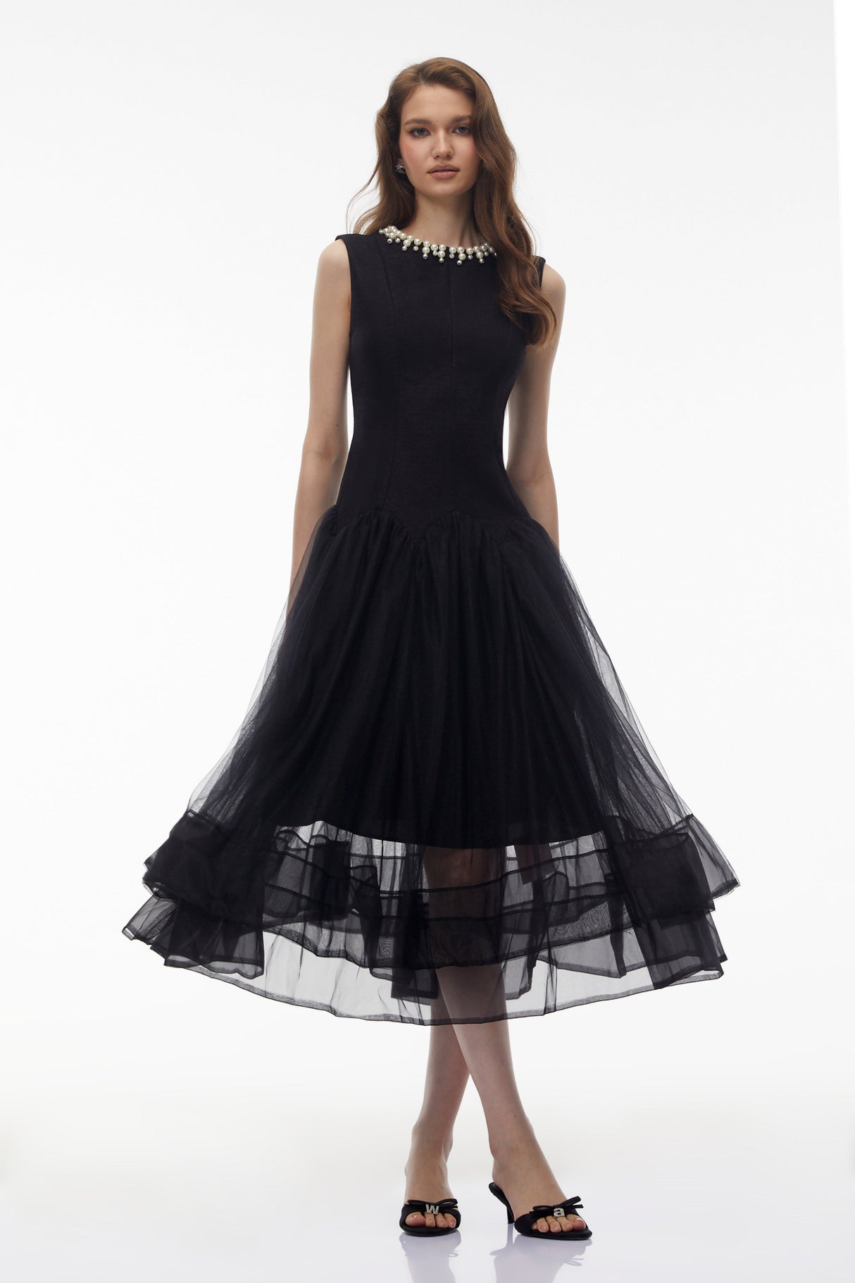 Aurohaya Ofra Black Pearl Pleated Midi Dress