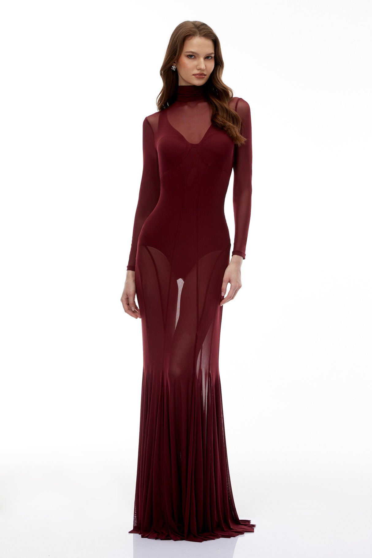 Aurohaya Ofra Burgundy Mesh Bodysuit & Dress Set
