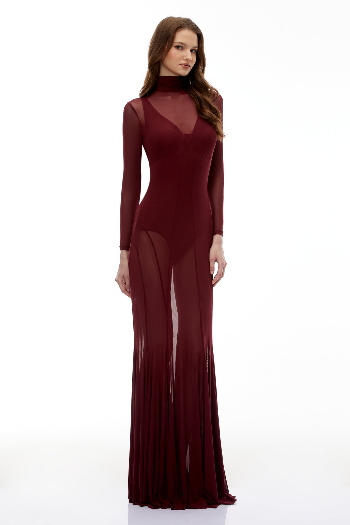 Aurohaya Ofra Burgundy Mesh Bodysuit & Dress Set