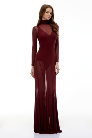 Aurohaya Ofra Burgundy Mesh Bodysuit & Dress Set