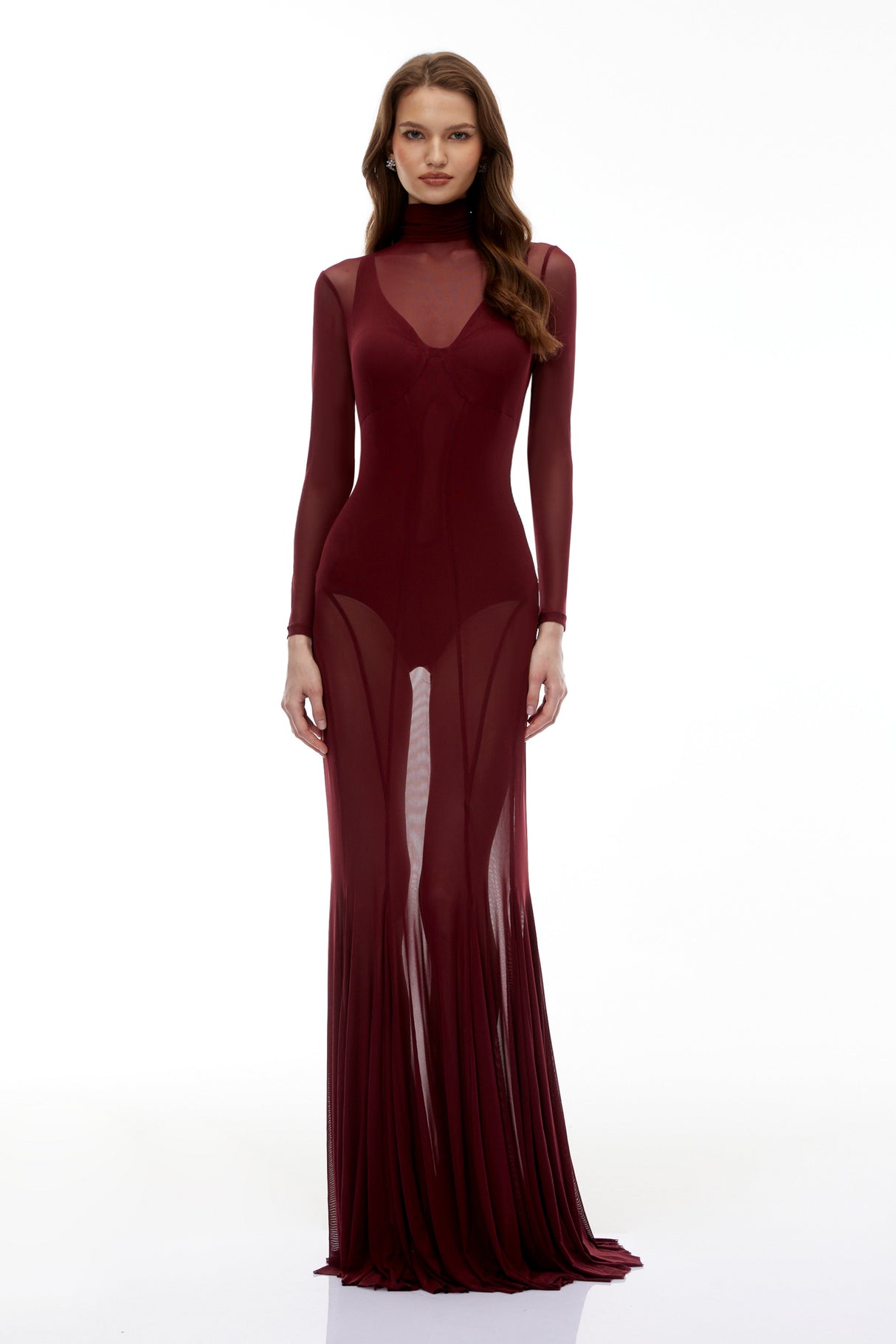 Aurohaya Ofra Burgundy Mesh Bodysuit & Dress Set