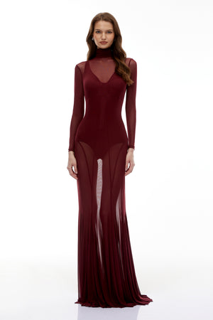 Aurohaya Ofra Burgundy Mesh Bodysuit & Dress Set
