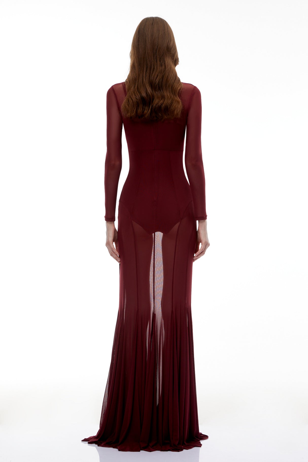 Aurohaya Ofra Burgundy Mesh Bodysuit & Dress Set