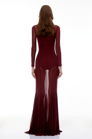 Aurohaya Ofra Burgundy Mesh Bodysuit & Dress Set