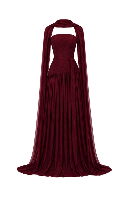 Oiseau Strapless Pleated Maxi Dress / Burgundy