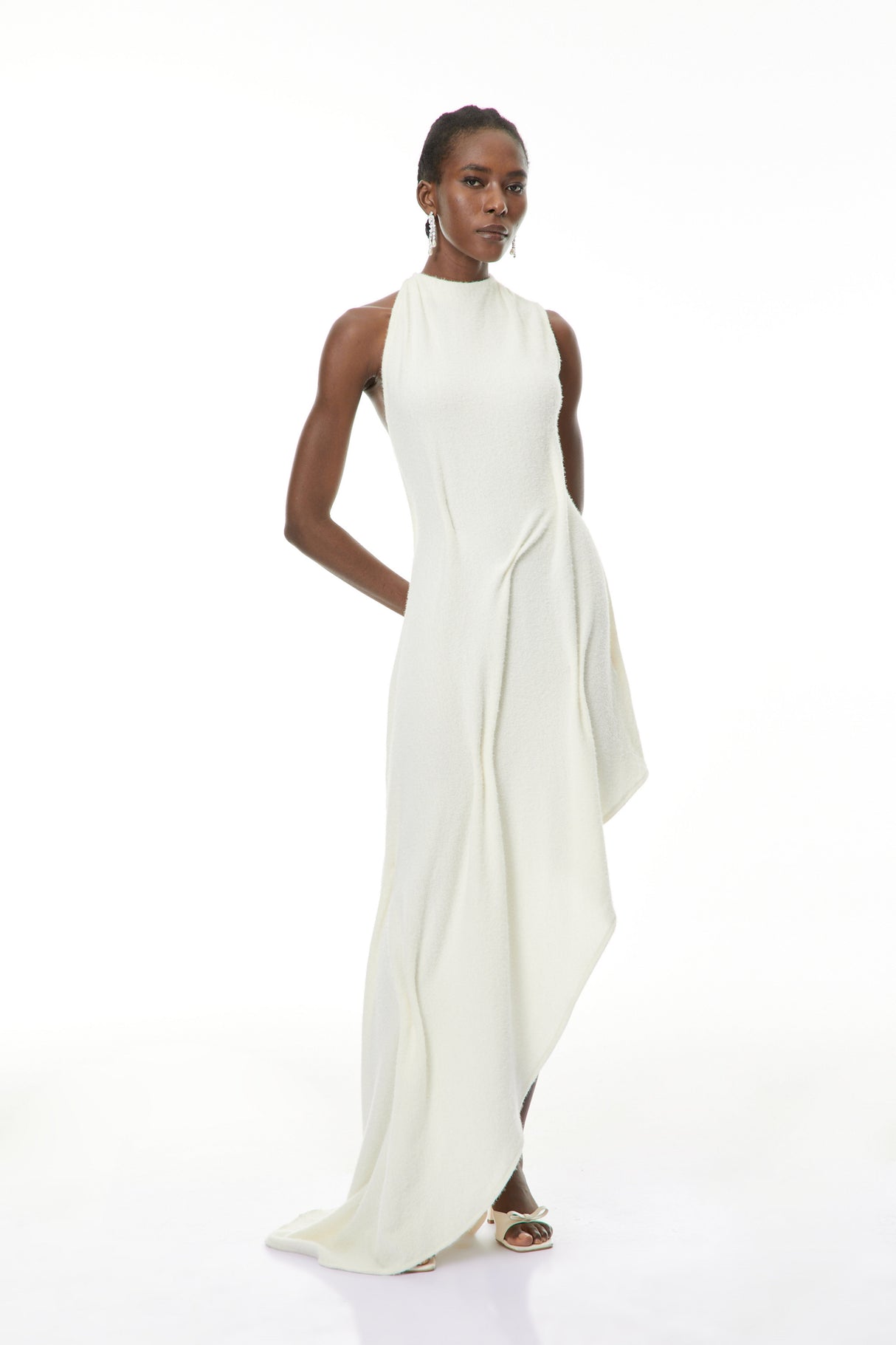 Aurohaya Oleander White Textured Asymmetrical Maxi Dress