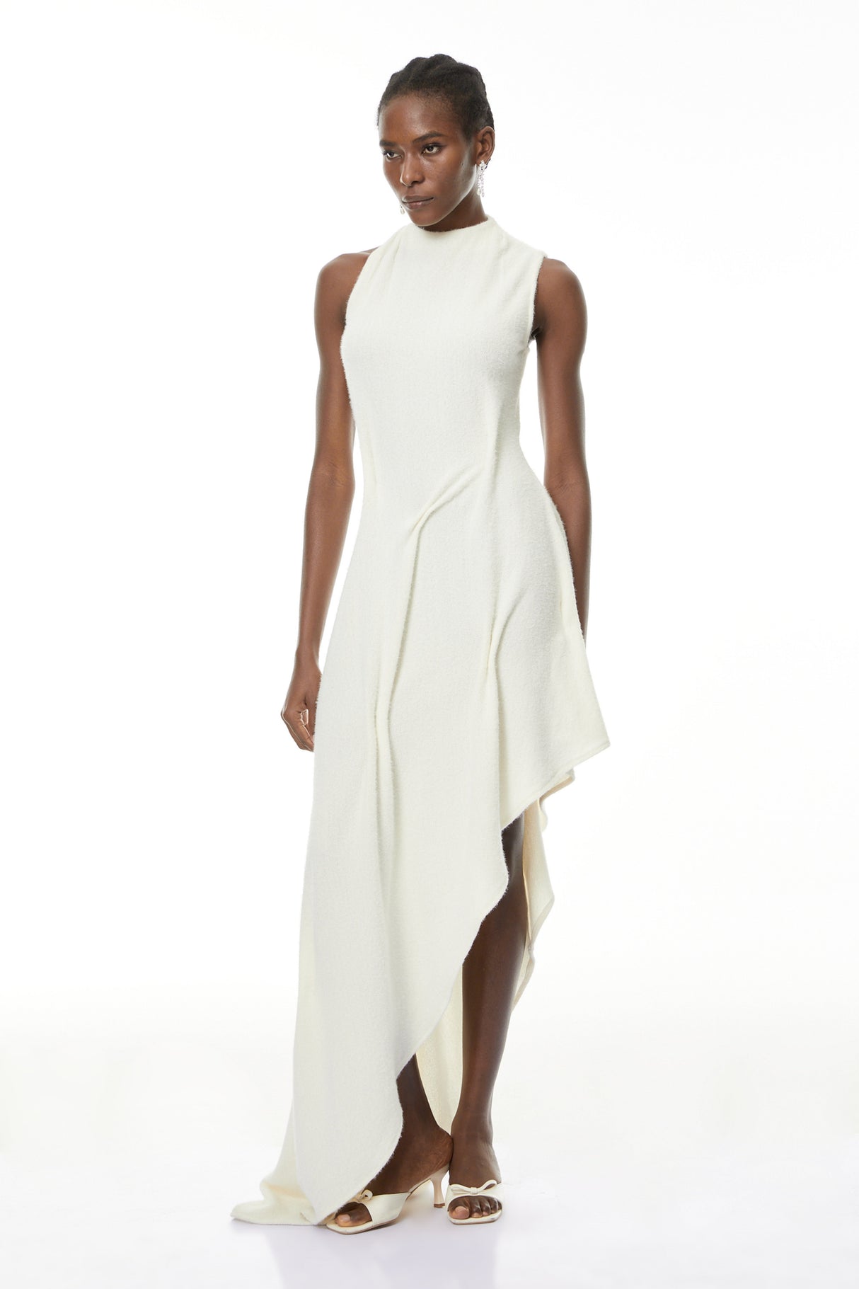 Aurohaya Oleander White Textured Asymmetrical Maxi Dress