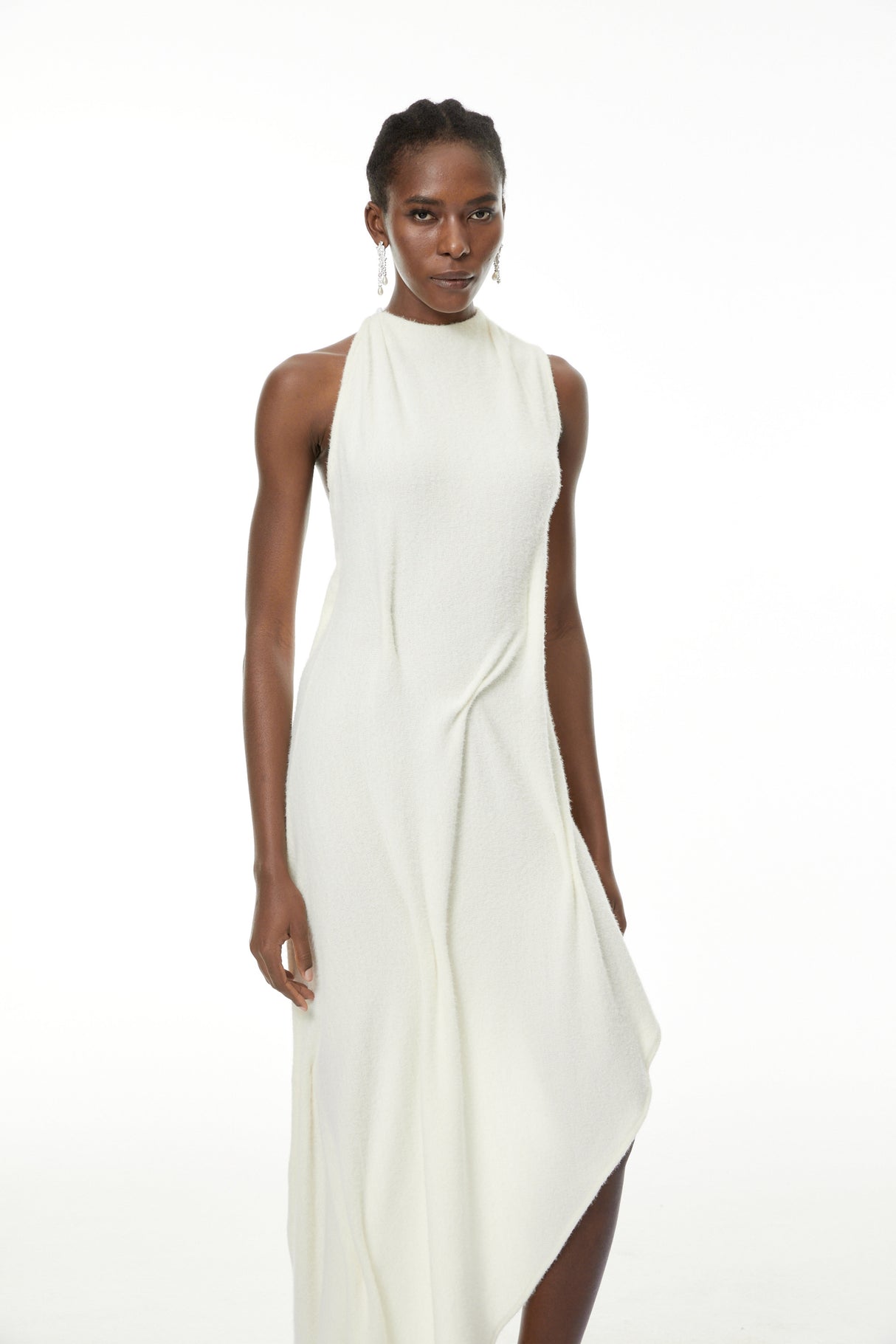 Aurohaya Oleander White Textured Asymmetrical Maxi Dress