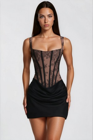 Aurohaya Olesya Black Ruched Mini Dress with Lace Panels
