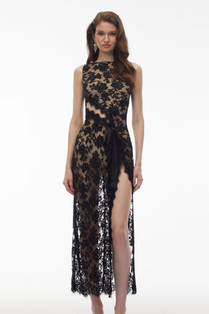 Aurohaya Olesya Black Semi Sheer Lace Maxi Dress