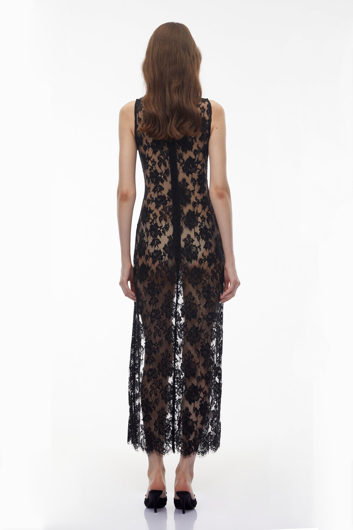Aurohaya Olesya Black Semi Sheer Lace Maxi Dress