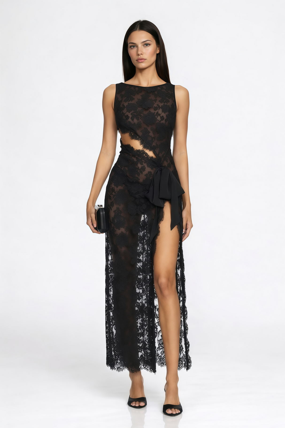 Aurohaya Olesya Black Semi Sheer Lace Maxi Dress
