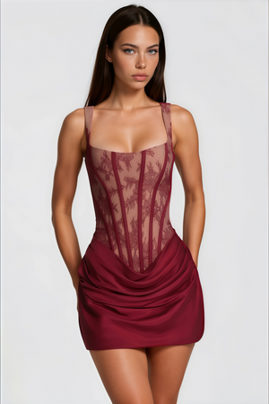 Aurohaya Olesya Red Ruched Mini Dress with Lace Panels