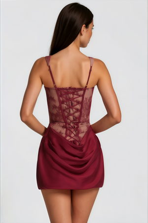 Aurohaya Olesya Red Ruched Mini Dress with Lace Panels