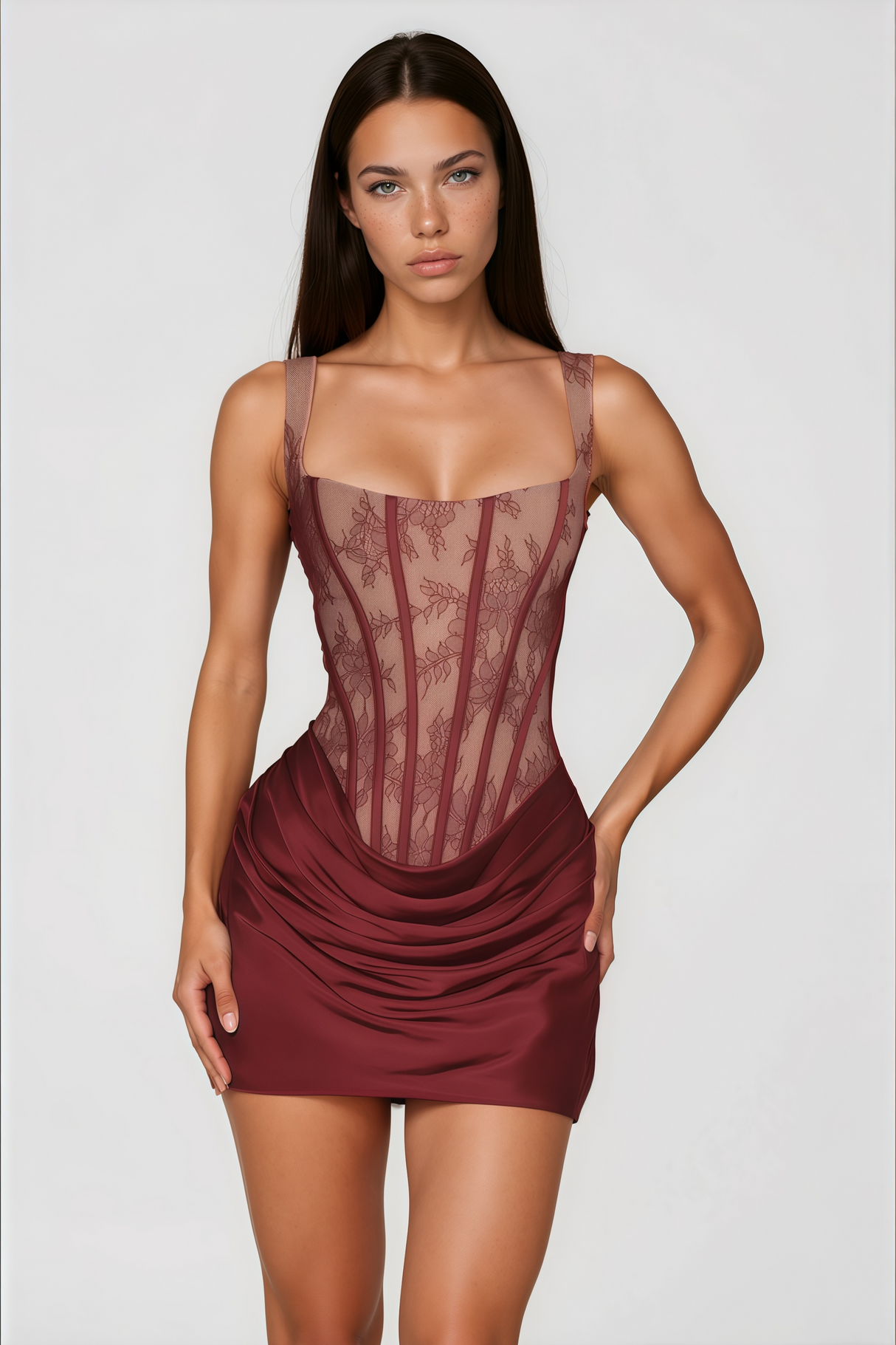Aurohaya Olesya Red Ruched Mini Dress with Lace Panels