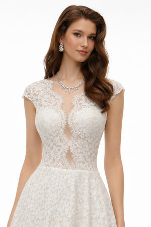 Aurohaya Oliana Ivory Lace Maxi Gown with Cap Sleeves