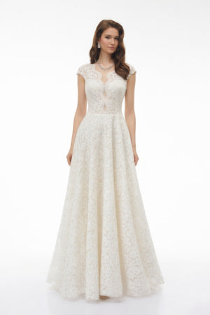 Aurohaya Oliana Ivory Lace Maxi Gown with Cap Sleeves