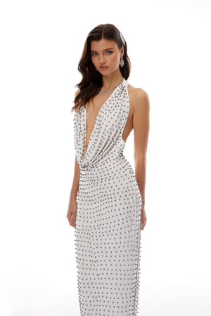 Aurohaya Olivia White Drapped Bead Embellished Maxi Dress