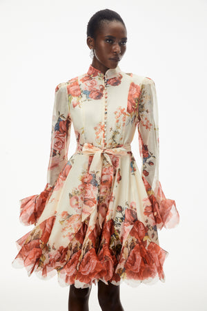 Aurohaya Omphale Cream Floral Lace Mini Dress with Tie-Front