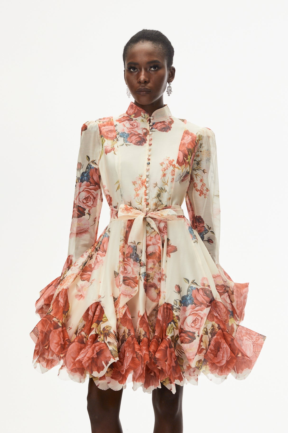 Aurohaya Omphale Cream Floral Lace Mini Dress with Tie-Front