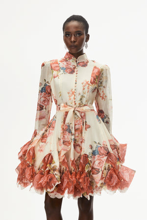 Aurohaya Omphale Cream Floral Lace Mini Dress with Tie-Front