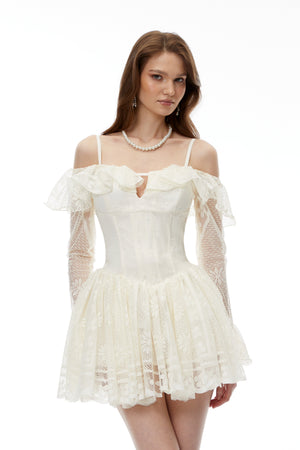 Aurohaya Omphale Neutral Floral Lace Ruffled Mini Dress