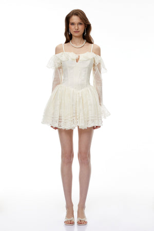 Aurohaya Omphale Neutral Floral Lace Ruffled Mini Dress