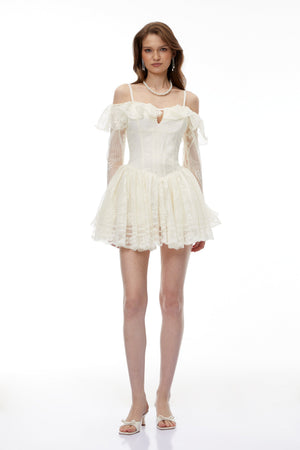 Aurohaya Omphale Neutral Floral Lace Ruffled Mini Dress