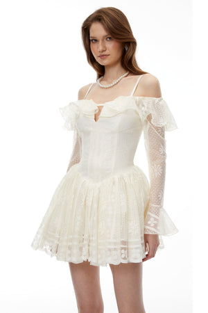 Aurohaya Omphale Neutral Floral Lace Ruffled Mini Dress