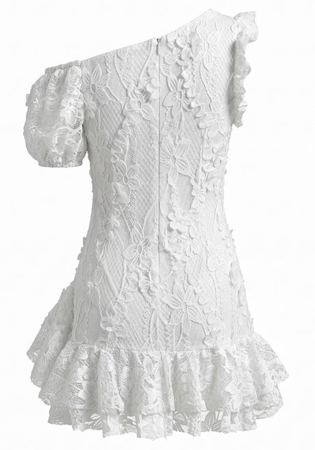One Shoulder Bardot Floral Lace Dress White