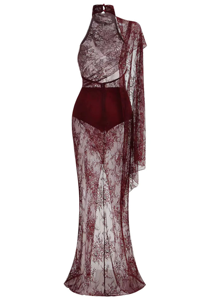 One Sleeve Draped Lace Maxi Dress Burgundy