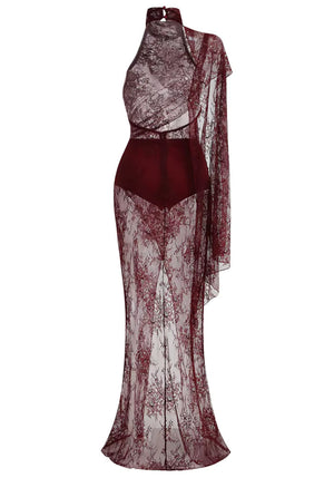 One Sleeve Draped Lace Maxi Dress Burgundy