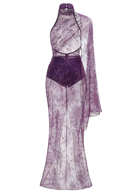 One Sleeve Draped Lace Maxi Dress Purple