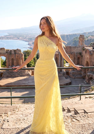 One Shoulder Draped Lace Maxi Dress Yellow