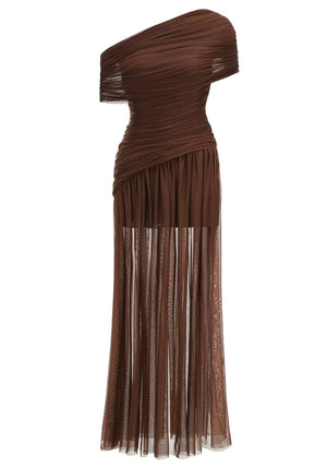 Draped One Shoulder Bardot Maxi Dress Brown