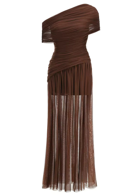 Draped One Shoulder Bardot Maxi Dress Brown