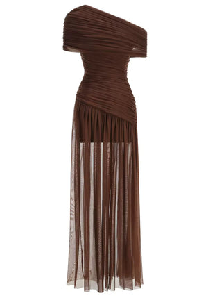 Draped One Shoulder Bardot Maxi Dress Brown