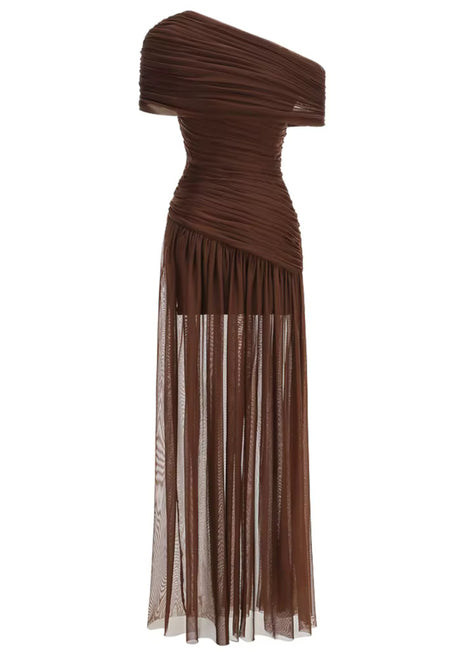 Draped One Shoulder Bardot Maxi Dress Brown
