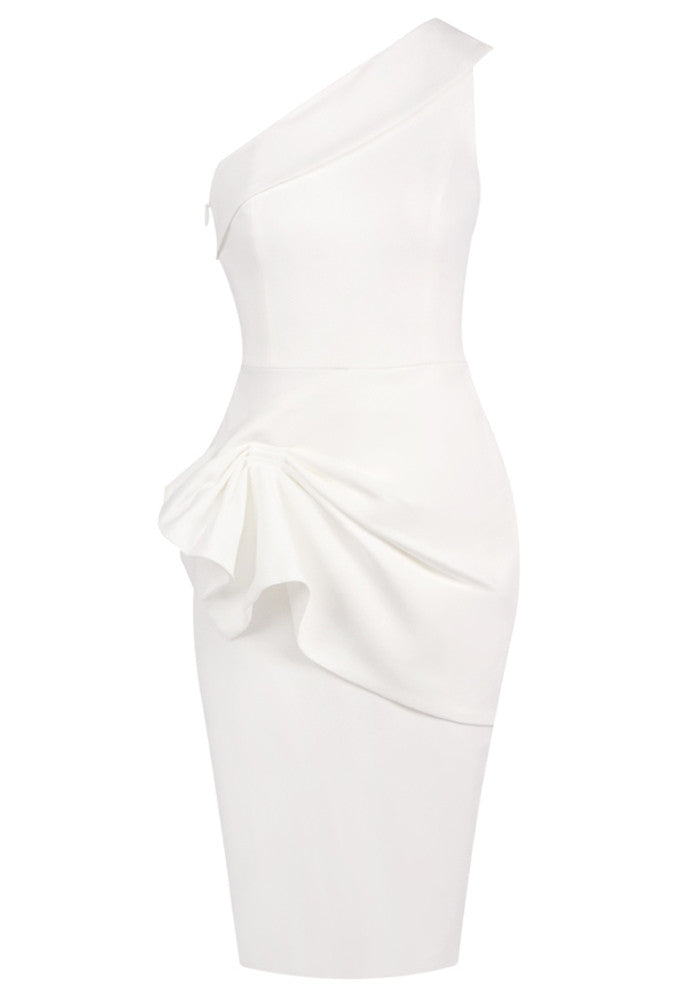 One Shoulder Draped Midi Dress White