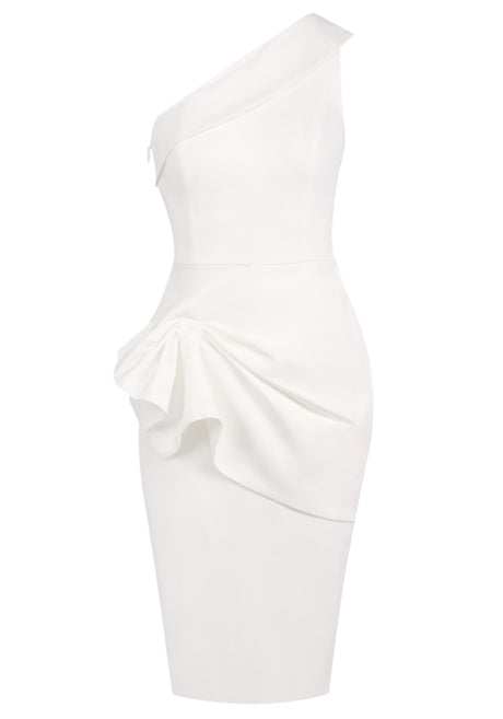 One Shoulder Draped Midi Dress White