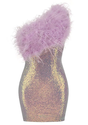 One Shoulder Feather Sequin Dress Lavender