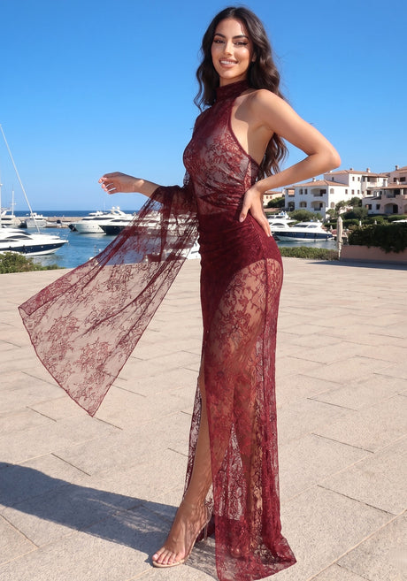 One Shoulder Lace Maxi Dress Burgundy