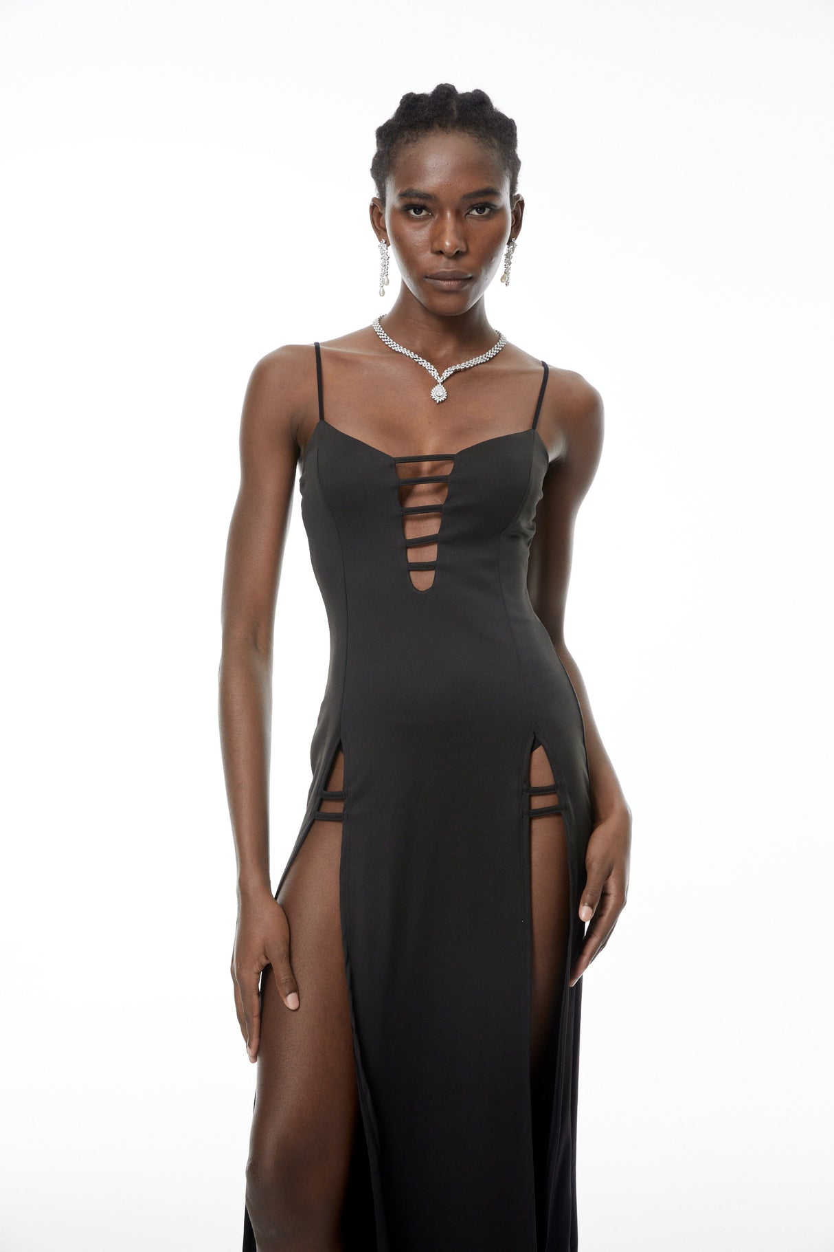 Aurohaya Oona Black Cut-Out Maxi Dress with High Slit