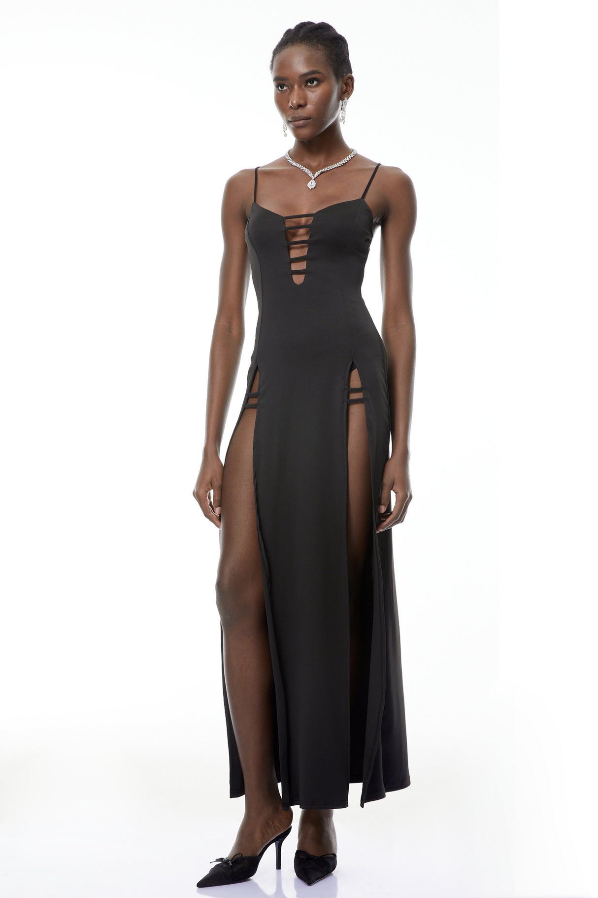 Aurohaya Oona Black Cut-Out Maxi Dress with High Slit