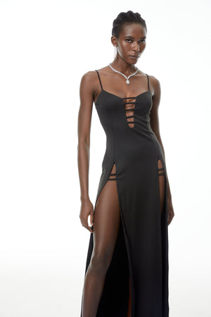 Aurohaya Oona Black Cut-Out Maxi Dress with High Slit