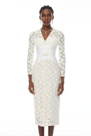 Aurohaya Oona White Floral Lace Pencil Midi Dress